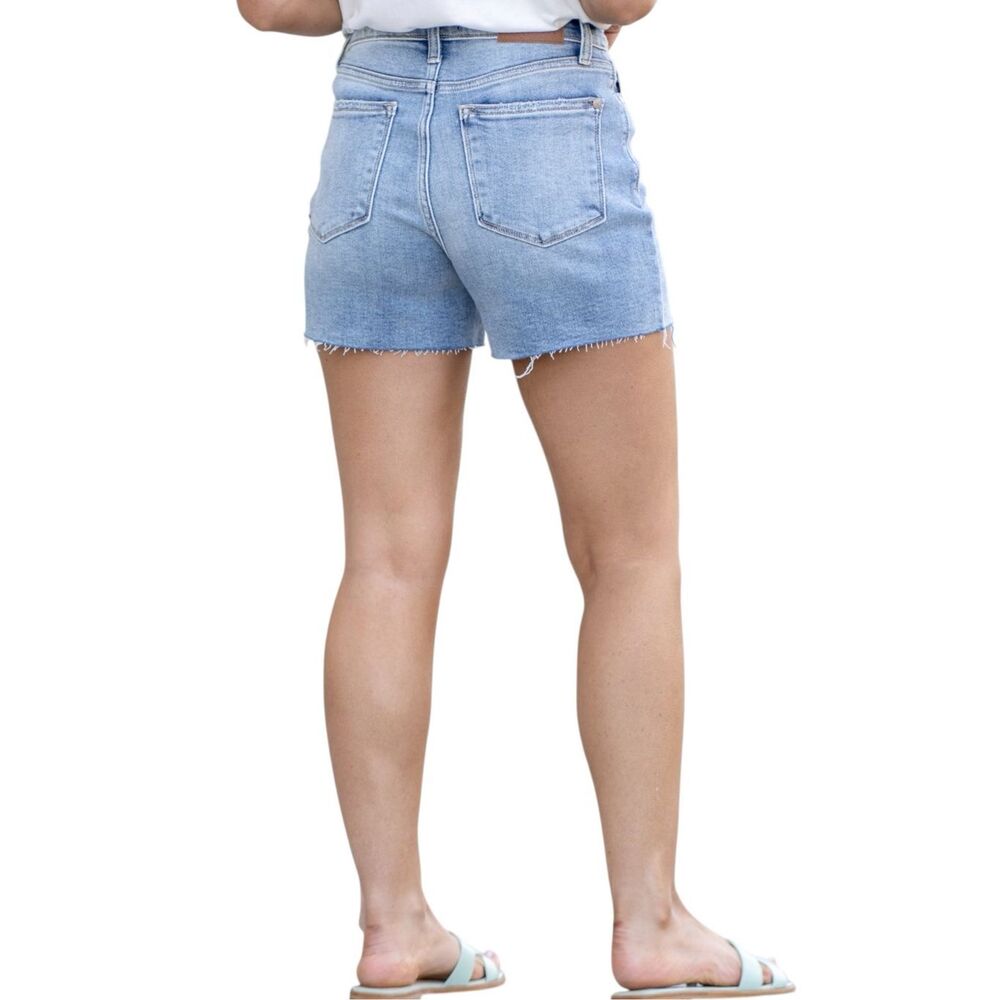 Judy Blue High Rise Distressed Denim Shorts Light Wash Stretch Raw Hem NWT - Picture 8 of 14